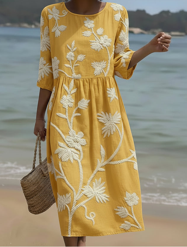 Noorali | Golden Botanical Midi Dress