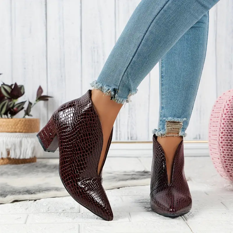 Luz | Women's Textured Ankle Boots with Curved Cut and Mid Block Heel