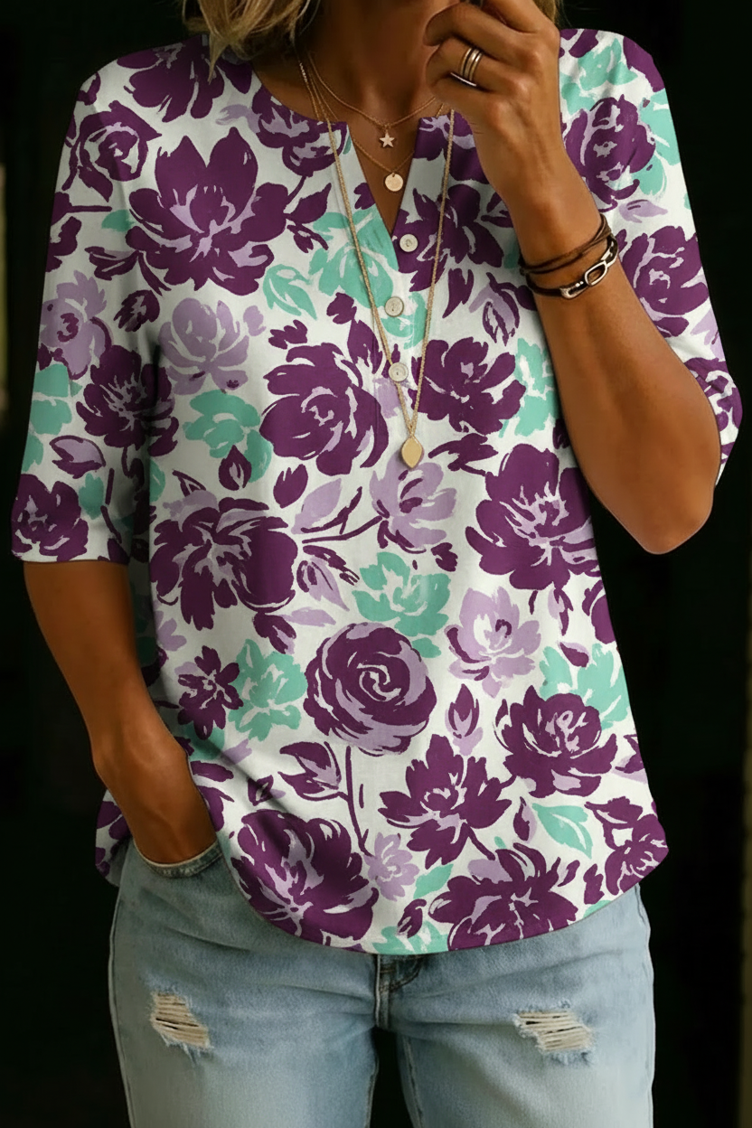 Ariana | Purple Floral Henley Top