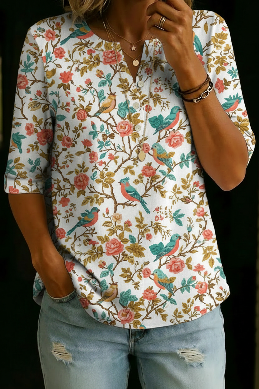 Hailey | White Bird Floral Henley Top