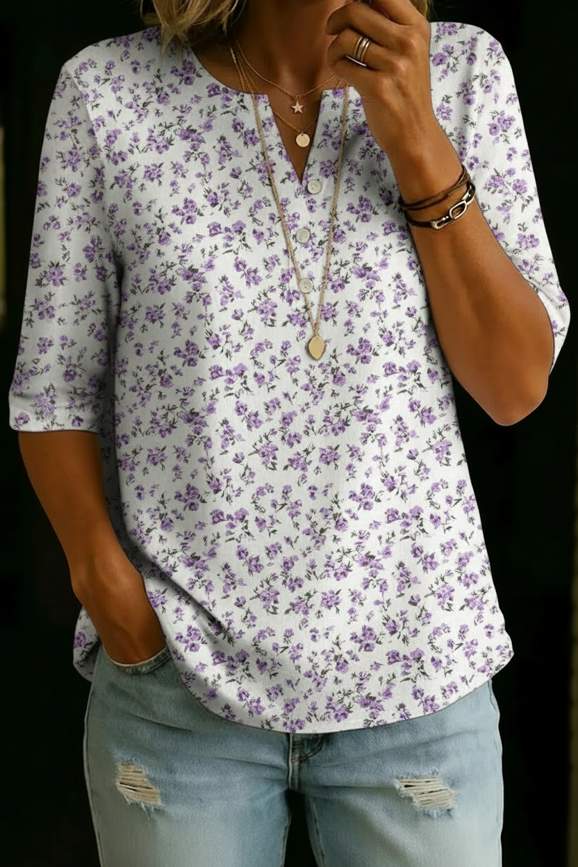 Emilia | White Purple Ditsy Henley Top