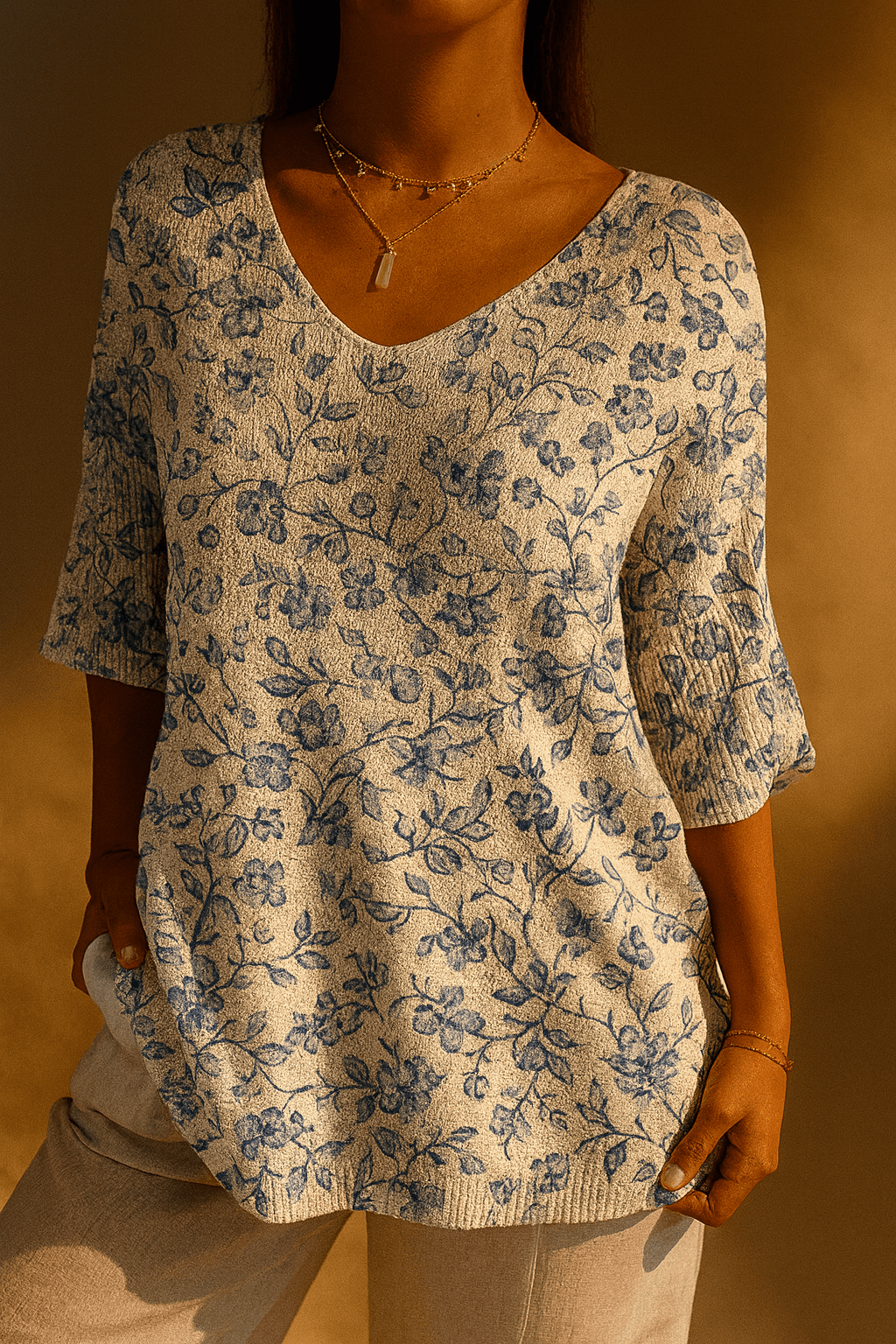 Women's Small Blue Flowers Print Casual Pullover Knit - Alira - Boutique