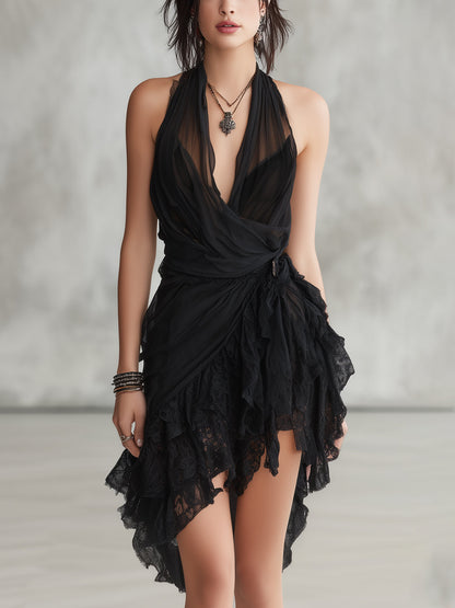 Lacetta | Black Lace Halter Dress