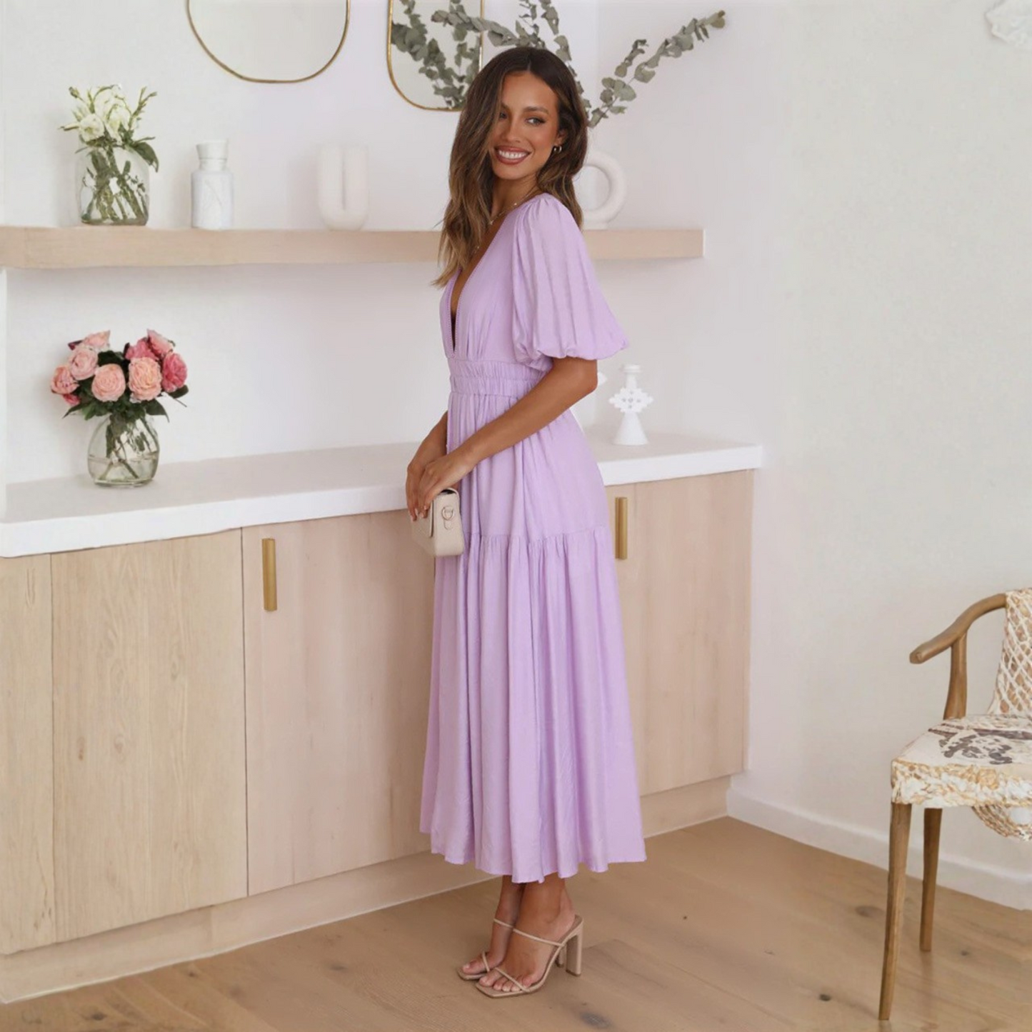 Namu | Classy V-Neck Long Sleeve A-Line Maxi Dress