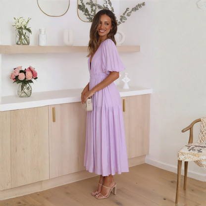 Namu | Classy V-Neck Long Sleeve A-Line Maxi Dress