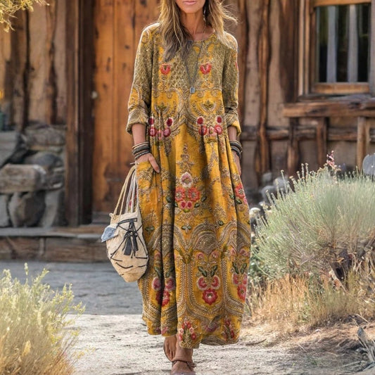 Goldenrose | Long Sleeve Patterned Midi Dress