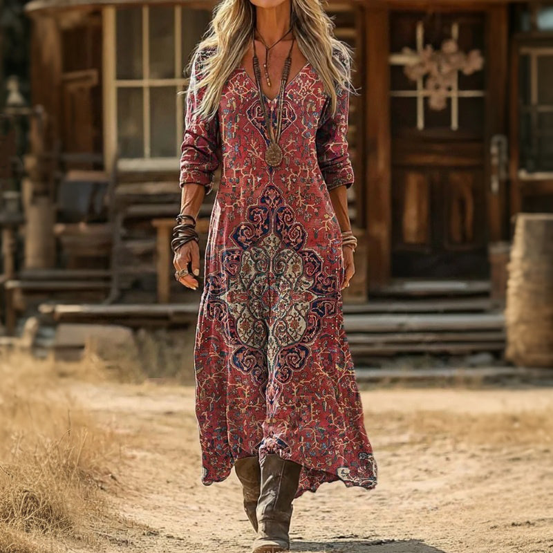 Ember | Red Patterned Long Sleeve Dress