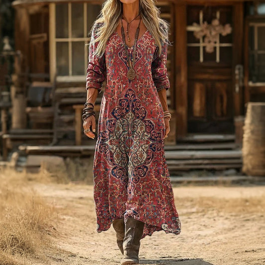 Ember | Red Patterned Long Sleeve Dress