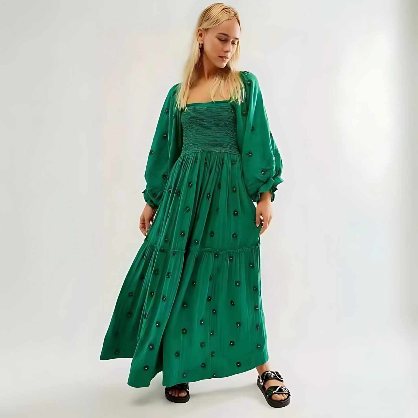 Hannah | Comfy Floral Lantern Sleeve Square Neck Maxi Dress
