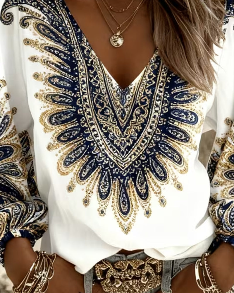 Karen | V-Neck Retro Print Top