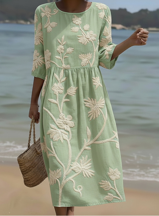 Melina | Midi Dress with Botanical Embroidery