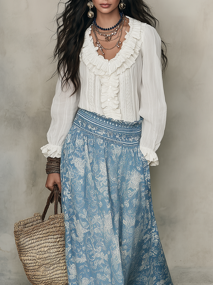 Tess | White Ruffled Shirt And Blue Jacquard