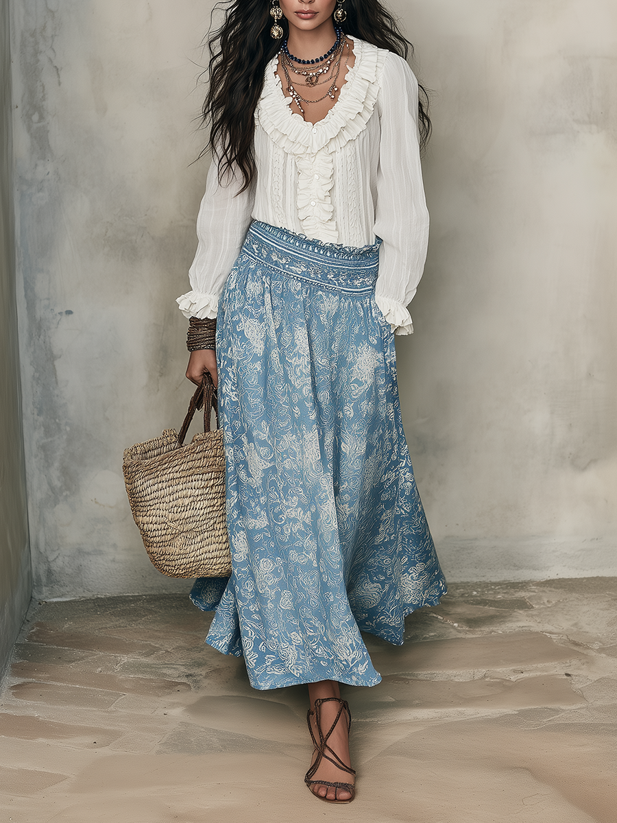 Tess | White Ruffled Shirt And Blue Jacquard