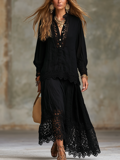 Mae | Black Lace Shirt and Skirt Set