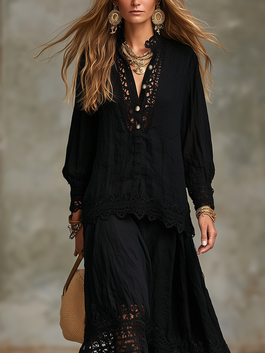 Mae | Black Lace Shirt and Skirt Set