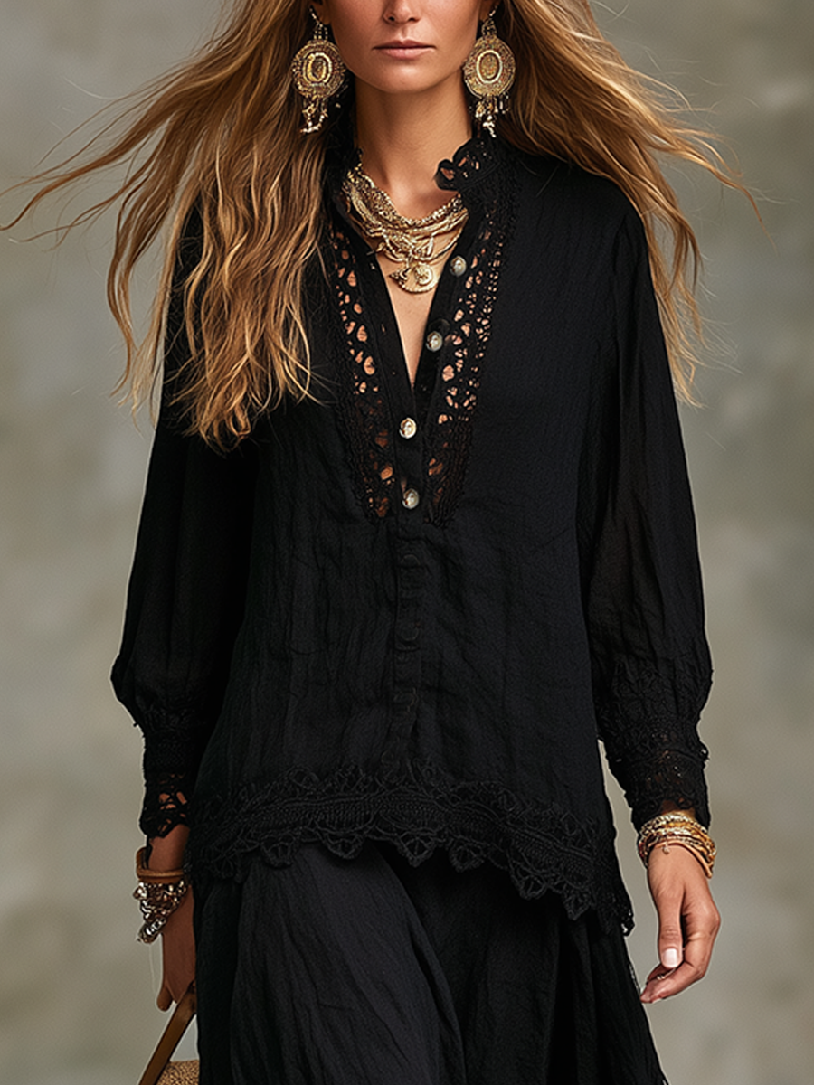 Mae | Black Lace Shirt and Skirt Set