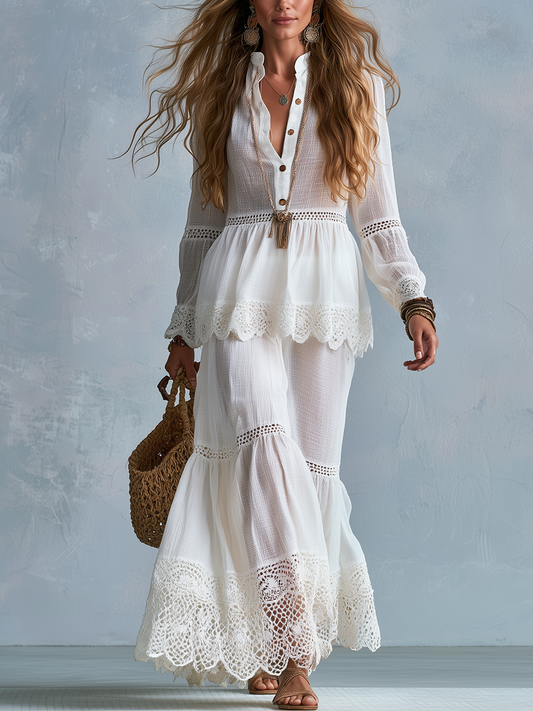 Olive | Lace Stand-up Collar Shirt And Skirt