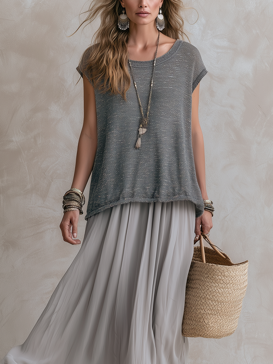 Luna | Gray Knit Top And Chiffon Skirt