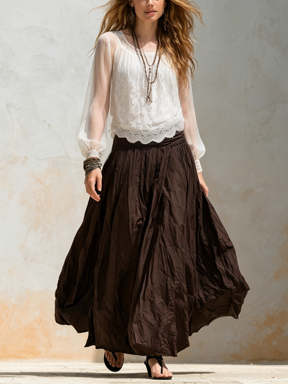 Hazel | Lace Chiffon Top And Brown Skirt
