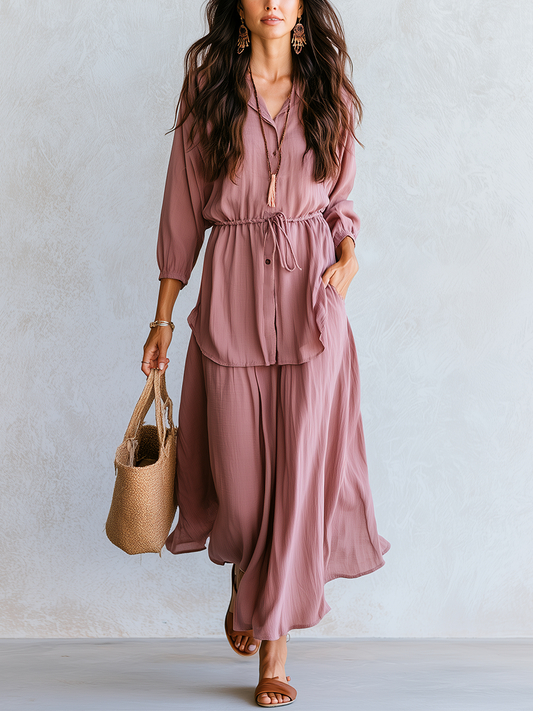 Iris | Dusty Rose Drawstring Waist Blouse Maxi