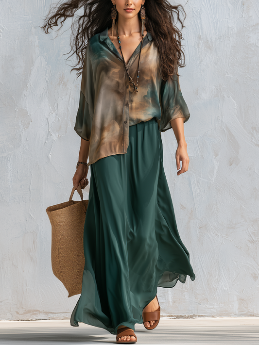 Jade | Deep Teal Printed Draped Shirt