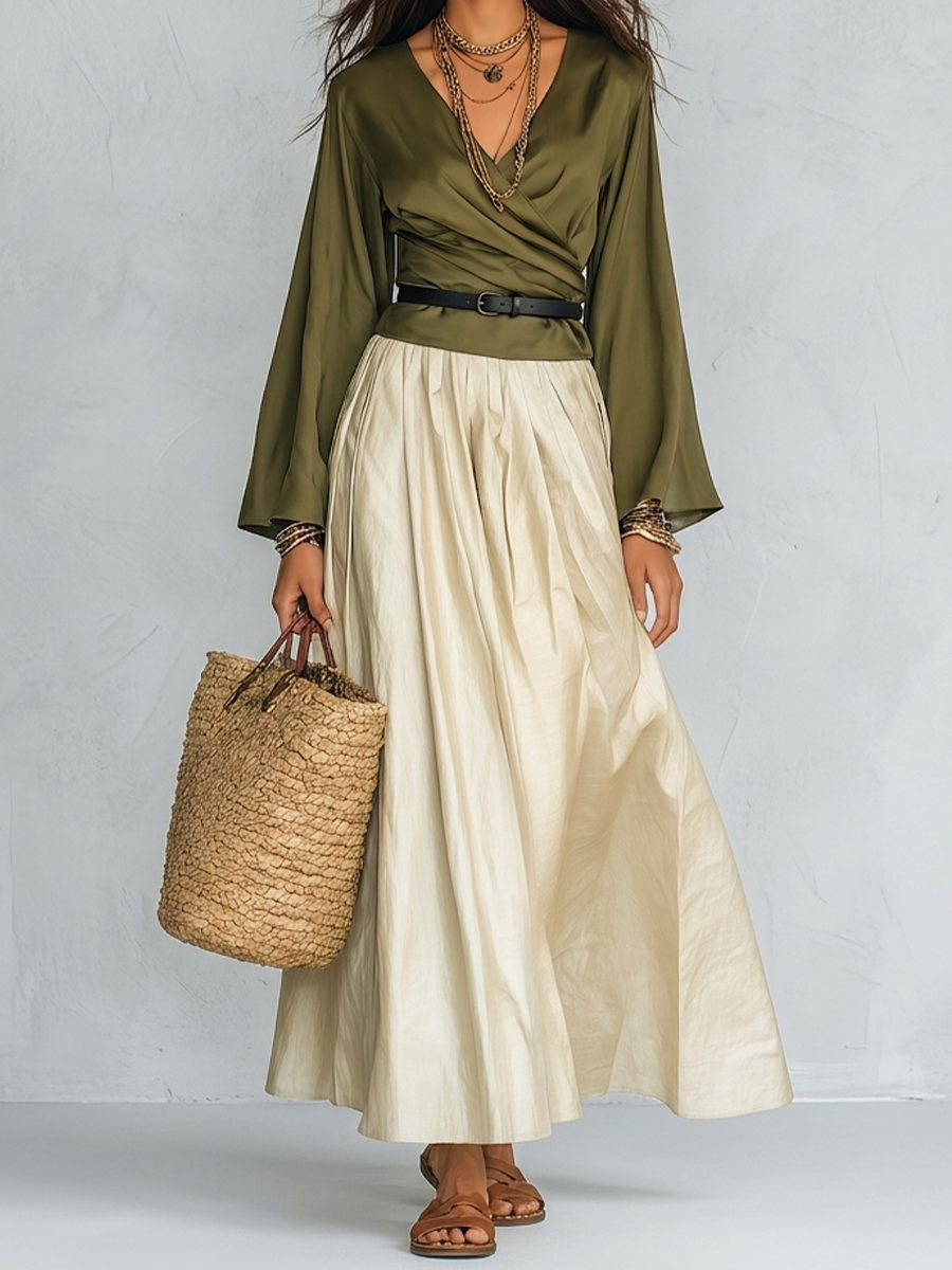Faye | Olive Wrap Bohemian Maxi Set