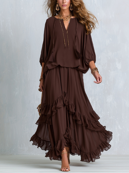 Eden | Style Brown Layered Ruffle Skirt Suit