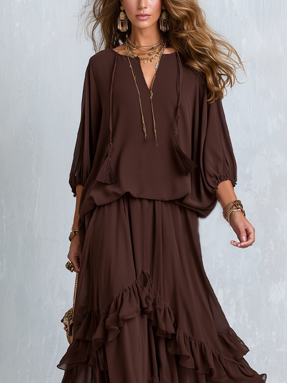 Eden | Style Brown Layered Ruffle Skirt Suit