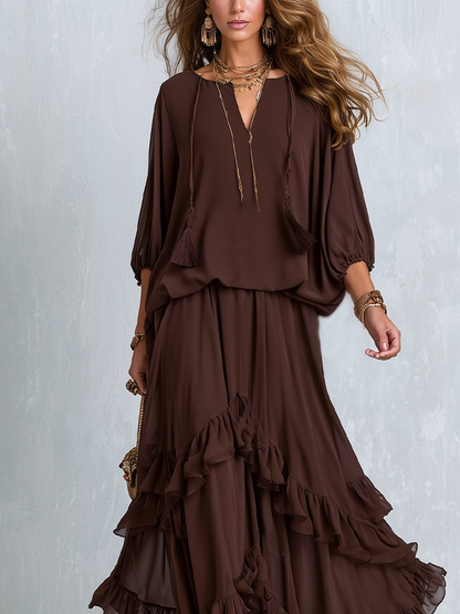 Eden | Style Brown Layered Ruffle Skirt Suit