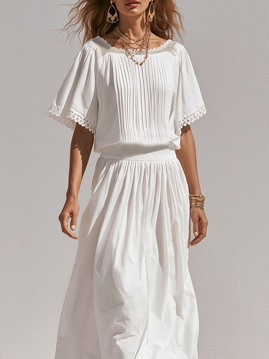 Zelda | White Lace Trim Blouse Midi Skirt