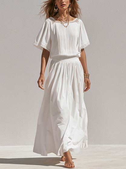 Zelda | White Lace Trim Blouse Midi Skirt