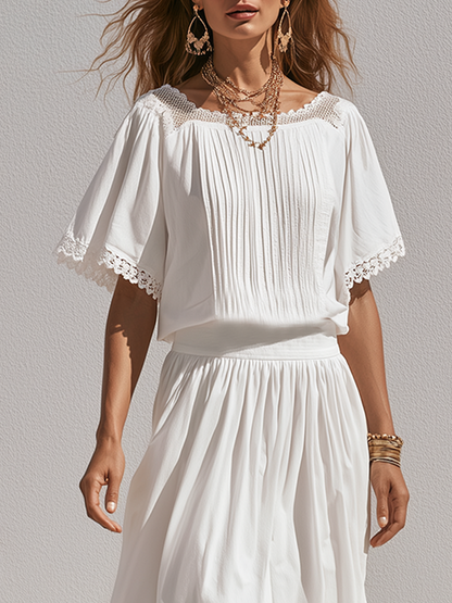 Zelda | White Lace Trim Blouse Midi Skirt