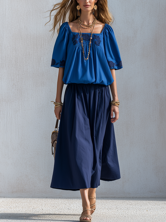 Briar | Cotton Linen Blue Color-blocked Skirt Suit