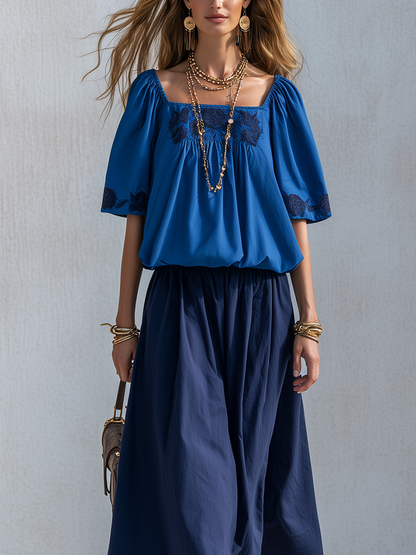 Briar | Cotton Linen Blue Color-blocked Skirt Suit