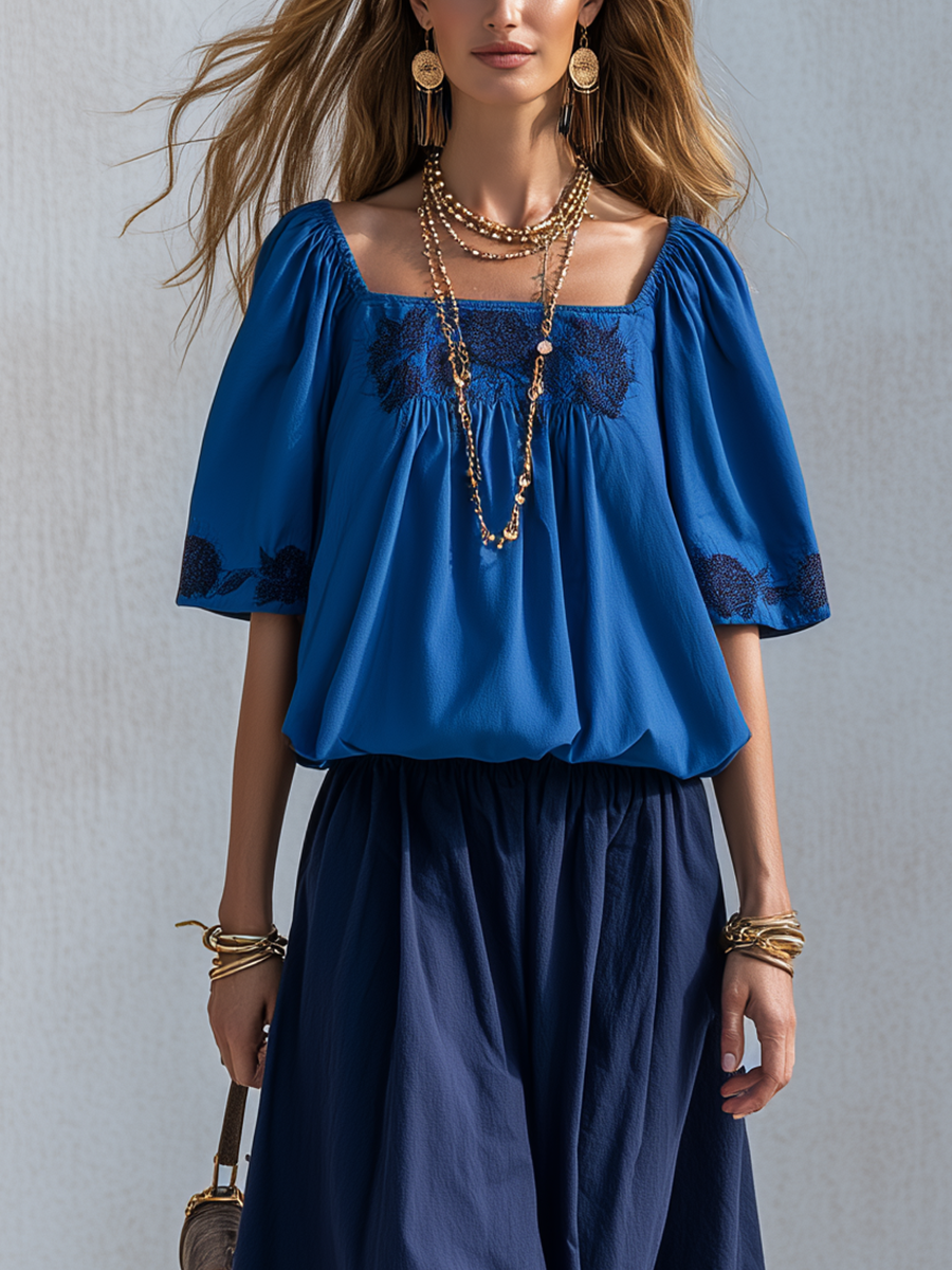 Briar | Cotton Linen Blue Color-blocked Skirt Suit