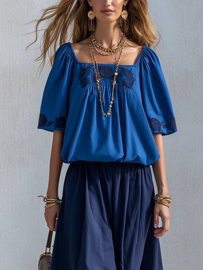 Briar | Cotton Linen Blue Color-blocked Skirt Suit