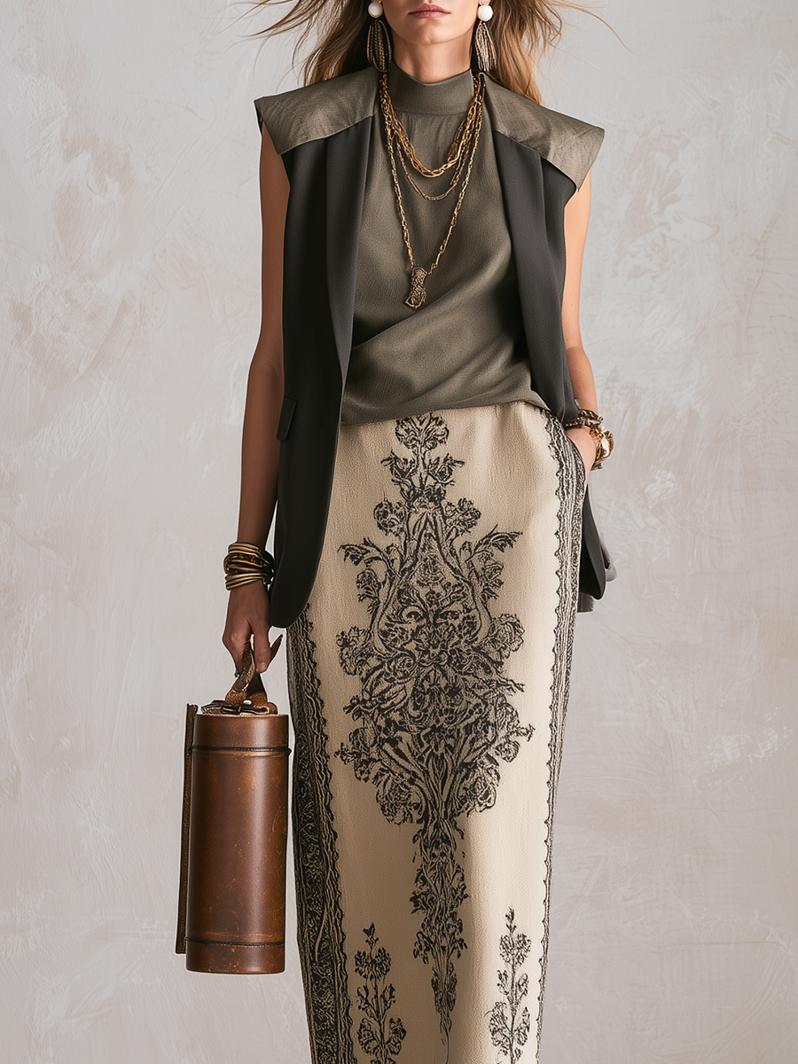 Adelaide | Olive Green Sleeveless Vest And Skirt