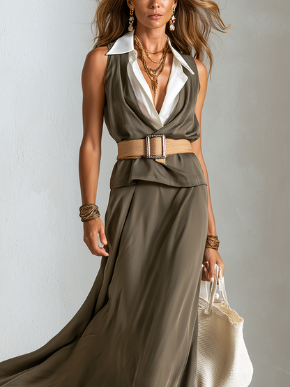 Ursula | Olive Green Lapel Maxi Dress
