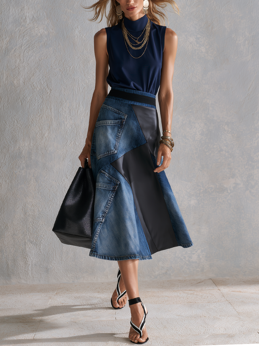 Tabitha | Blue Top Asymmetrical Denim Patchwork Skirt