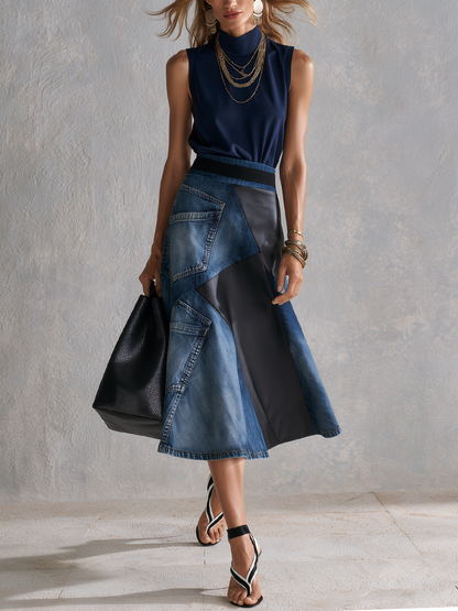 Tabitha | Blue Top Asymmetrical Denim Patchwork Skirt