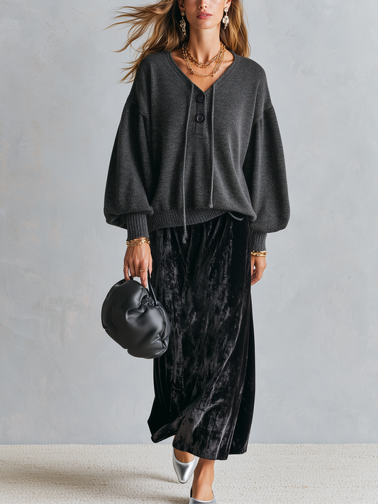 Sophia | Black Knit Top And Velvet Skirt