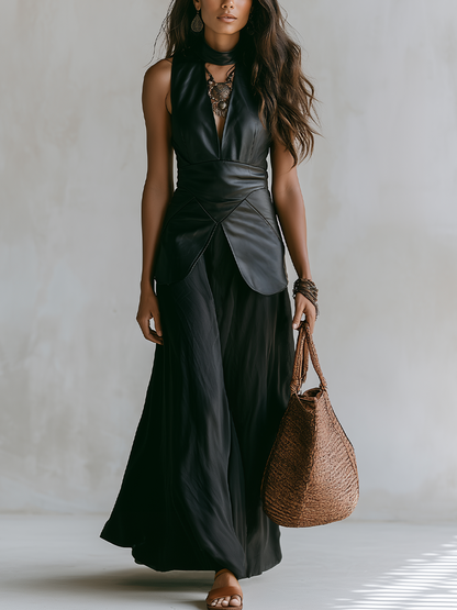 Octavia | Black Faux Leather Skirt Set