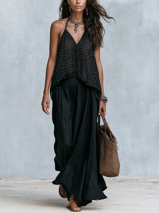Penelope | Black Polka Dot Maxi Skirt Set