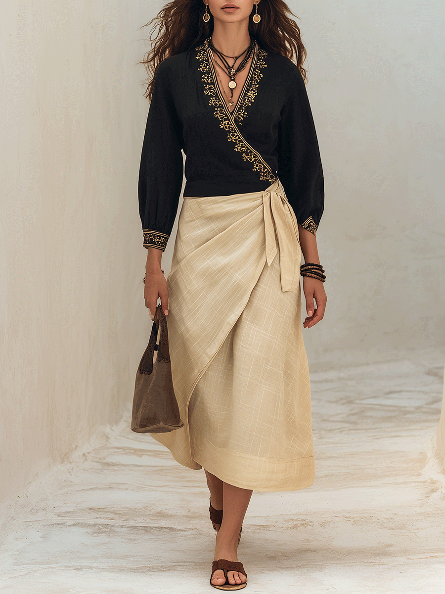 Lavinia | Chic Embroidered Black Top & Linen