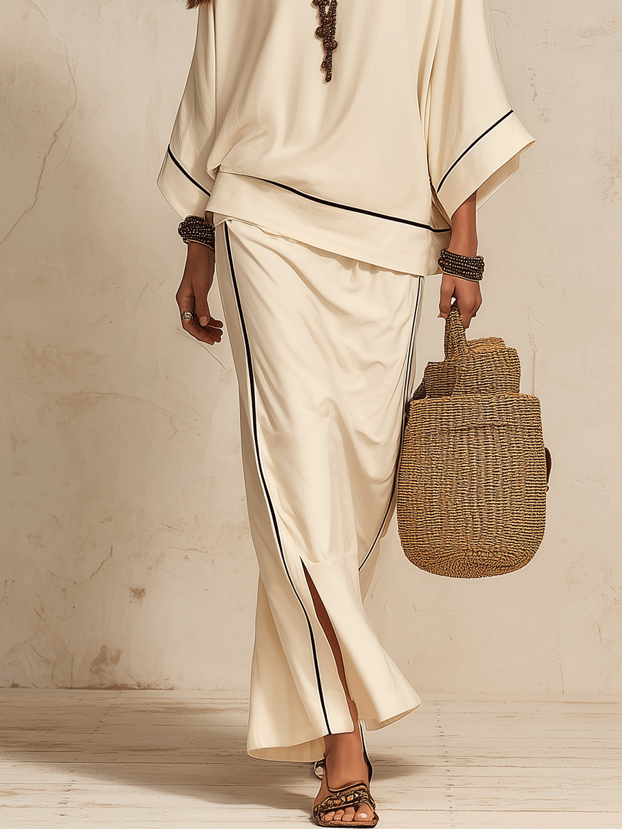 Margaret | Linen Loose Side-Slit Beige Maxi Skirt