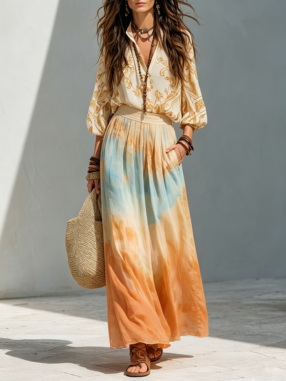 Katherine | Balloon Sleeve Shirt And Watercolor Maxi