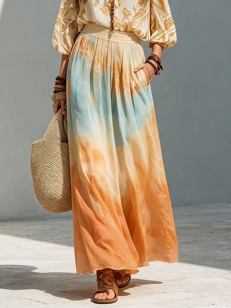 Katherine | Balloon Sleeve Shirt And Watercolor Maxi