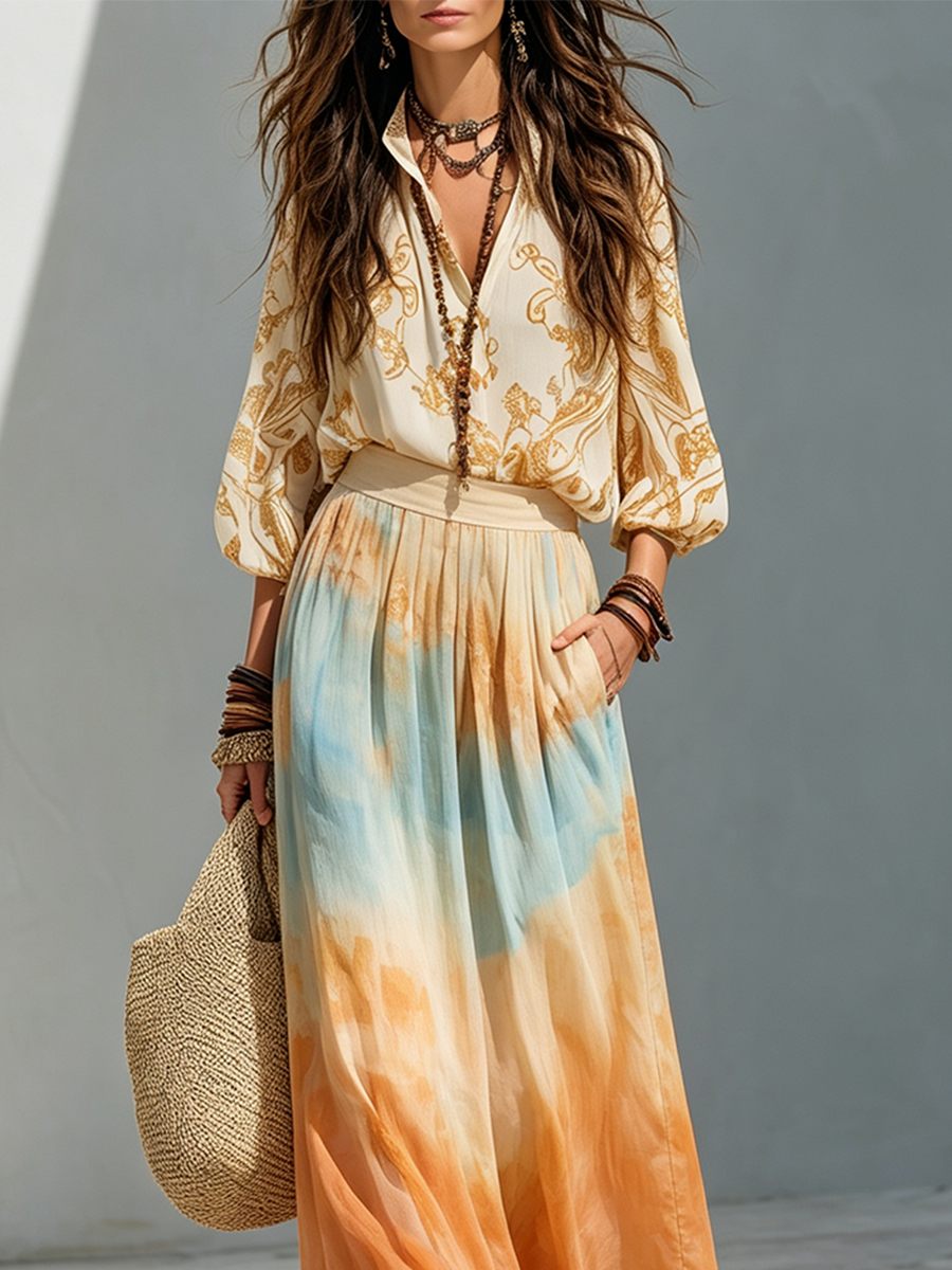 Katherine | Balloon Sleeve Shirt And Watercolor Maxi
