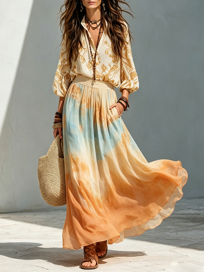 Katherine | Balloon Sleeve Shirt And Watercolor Maxi