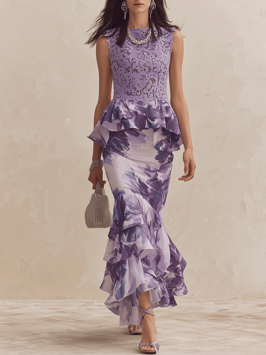 Beatrice | Elegant Lace-Bodice Floral Ruffle Mermaid Lavender